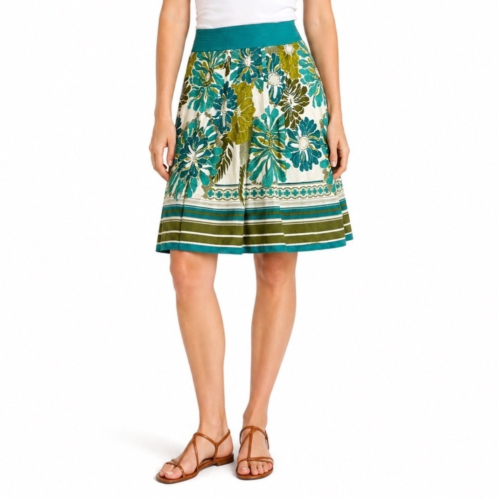 Ann Taylor Teal Green Floral 100% Cotton A-Line Midi Skirt Lined 6 Cottage